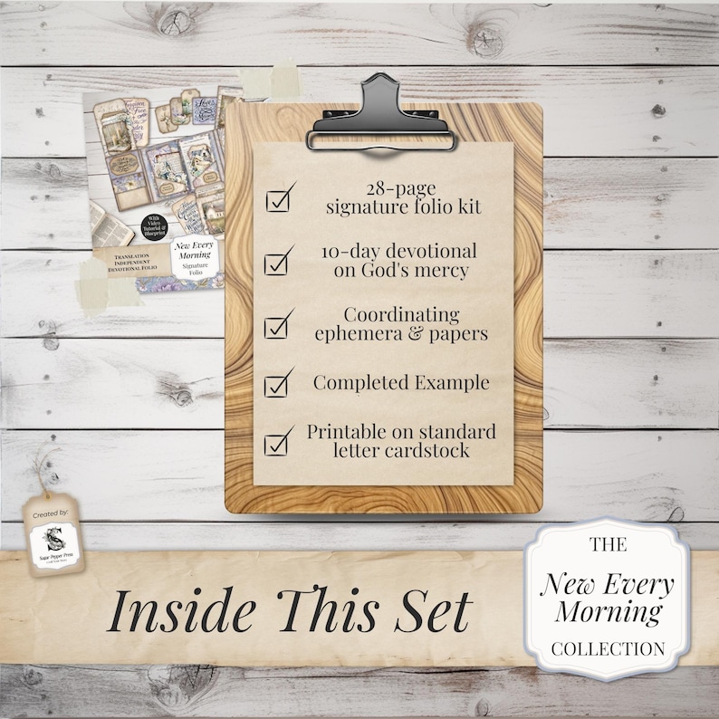 May include: A wooden clipboard holds a list of features for a "New Every Morning" collection, including a 28-page signature folio kit and a 10-day devotional. The image also shows a booklet and a banner that reads "Inside This Set".