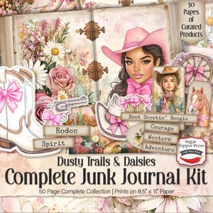 Western Coquette Junk Journal Kit, Staubige Spuren & Gänseblümchen, Pink Blumen Digitaler Download, Bastelbedarf, Scrapbook, Clipart Projekte SP051