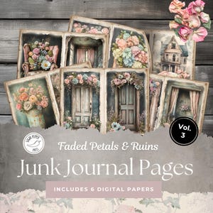 Páginas de diario basura de casas abandonadas, volumen 3, pétalos descoloridos y ruinas, estilo vintage, shabby chic, floral, elegante, Halloween, cottagecore, gótico SP022
