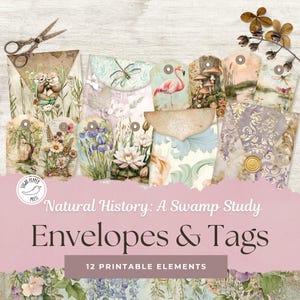Tags Enveloppes Swamp Botanical Junk Journal Kit | Vintage lunatique naturel terreux floral, libellule flamant rose lotus iris Art nouveau | SP009