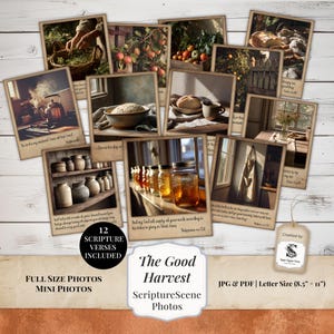 May include: A collection of 12 vintage-style photos with various scenes, including food, nature, and kitchen items. The photos are arranged on a white wooden surface. Text on the photos includes Bible verses and the title "The Good Harvest".