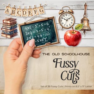 Puede incluir: Colección de recortes de papel de estilo vintage con elementos escolares. Incluye una pizarra con ecuaciones matemáticas, una pila de libros, un despertador, una campana y una manzana roja. El texto "Fussy Cuts" es visible.