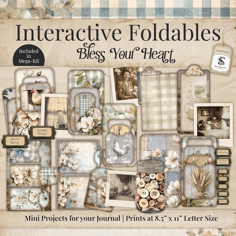 Farmhouse Junk Journal Ephemera, Shabby Chic Country Interactive ...