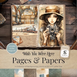 Retro Reise Junk Journal Printable, Seiten, Hintergrund Papiere, Vintage Scrapbooking, digitaler Download, Paris, Uhr, blau, braun Handwerk SP069