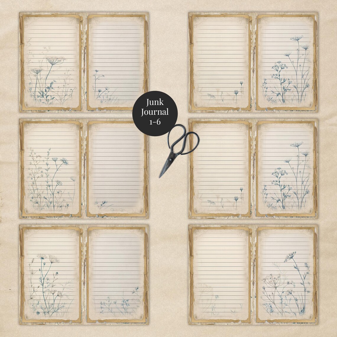Blue Floral Lined Junk Journal Pages | Minimalist Neutral Printable Paper for Writing SP128 - Etsy
