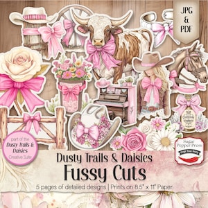 Western Coquette Fussy Schnitte für Junk Journals und Handwerk, Dusy Spuren, Gänseblümchen, rosa Blumen digitaler Download, Tags, Scrapbook, Projekte SP051