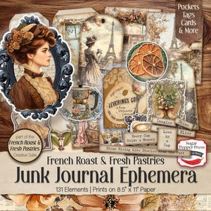 Coffee Junk Journal Ephemera Lot, Parisian Café, French Roast, Gebak, Tags, Kaarten, Enveloppen, Zakken, Digital Shabby Chic SP048
