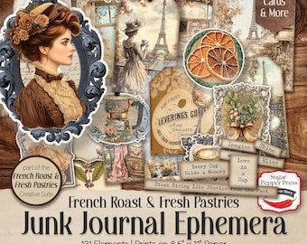Coffee Junk Journal Ephemera, Parisian Café, Tags, Pockets (Digital Download) SP048