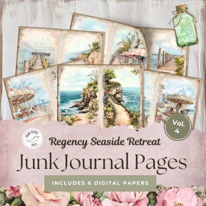 Regency Seaside Retreat Junk Journal Pages Vol 4 | Nautical Lighthouse Vintage plakboekpakket Coastal Cottage Carousel Horse Shopfront SP021