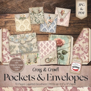Puede incluir: Un conjunto de 10 diseños imprimibles de bolsillos y sobres en estilo vintage con motivos florales y cruces. Los diseños están en capas y se imprimen en papel de 21,6 x 27,9 cm. El conjunto se llama "Cross & Crown Pockets & Envelopes" y está creado por Sugar Pepper Press.