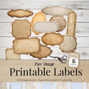 May include: A collection of vintage-style printable labels in various shapes and sizes, with a distressed paper texture. The labels are in shades of tan and brown, with decorative borders. The image includes the text "Pure Vintage Printable Labels".