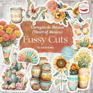 Herz von Mexiko Fussy Cuts | Druckbare mexikanische Blumen Ephemera, Sonnenblumen, Kaktus, Schmetterling, Kolibri, Scrapbook & Junk Journal SP039