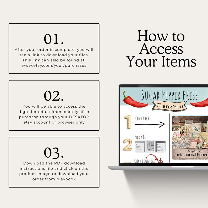 access your items through your purchases button on etsy. download the pdf and click the red box to download your order from playbook.