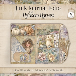 Folio vintage otoñal estilo shabby chic, etiquetas para bolsillos de diario basura, imprimibles florales otoñales de estilo cottagecore con lavanda y calabaza, descarga de álbum de recortes SP076