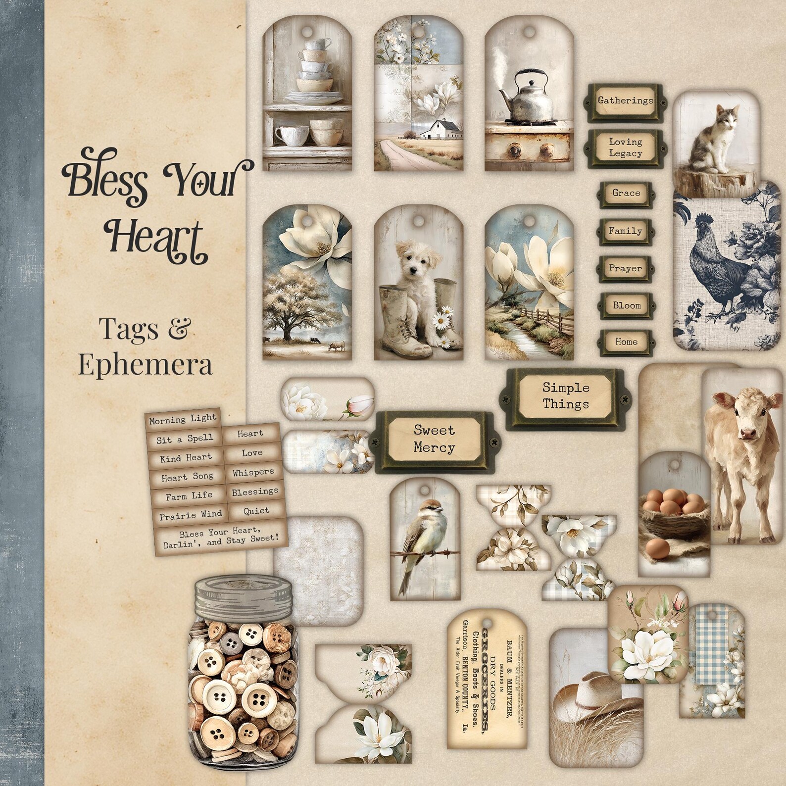 Farmhouse Junk Journal Mega Kit, Shabby Chic Cottagecore Ephemera ...