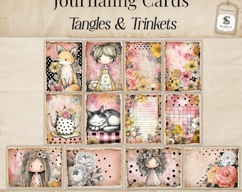 Cottage Girl Junk Journal Journal Cards, Shabby Chic Pink Polka Dots, Whimsical Floral Cottagecore, Printables, Download Scrapbook SP072