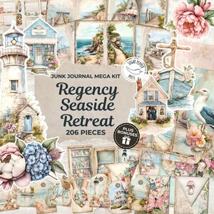 Regency Seaside Retreat Junk Journal Mega-Kit | Strandvuurtoren Vintage plakboekset Oceaancarrousel Paard Zee Nautical Storefront SP021