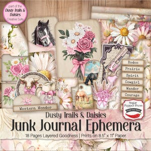 Western Coquette Junk Journal Ephemera, Dusy Spuren Gänseblümchen, rosa Blumen digitaler Download, Handwerk Umschläge, Tags, Scrapbook, Projekte SP051