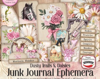 Western Coquette Junk Journal Ephemera, Dusy Spuren Gänseblümchen, rosa Blumen digitaler Download, Handwerk Umschläge, Tags, Scrapbook, Projekte SP051