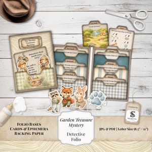 May include: A scrapbook-style detective folio with the text "Garden Treasure Mystery." The set includes cards, ephemera, and backing paper. Decorative elements include cartoon animals, a paw print, and a scenic illustration. The paper size is 8.5" x 11".