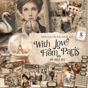 Op de afbeelding: Een collage-kit met een vintage thema, met een vrouw, een zwaan en de Eiffeltoren in een sneeuwbol. De tekst "With Love From Paris" staat prominent afgebeeld, samen met "Mega Junk Journal Kit" en "141 Piece Kit".