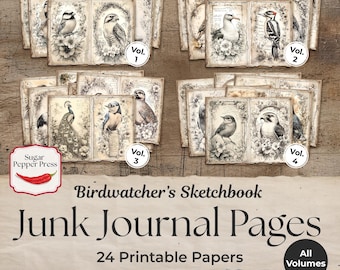 Op de afbeelding: Een set van 24 afdrukbare junk journal pagina's met vogel illustraties. De pagina's zijn verdeeld in vier volumes, elk met een ander thema. De pagina's zijn allemaal in zwart-wit en hebben een vintage esthetiek.