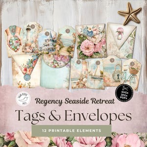Regency Seaside Retreat Junk Journal Tags Enveloppen | Nautische vuurtoren Vintage plakboek Kusthuisje Strand kortstondig bloemen SP021