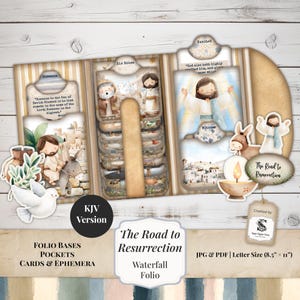 May include: A decorative paper craft project titled "The Road to Resurrection" with illustrations of biblical scenes. The design includes a waterfall folio with pockets, cards, and ephemera, featuring text from the KJV version.