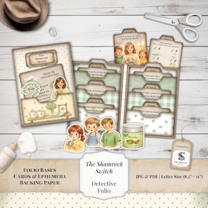 May include: A St. Patrick's Day themed detective folio set with cards, ephemera, and backing paper. The set includes a folio with the text "The Shamrock Switch" and "Detective Folio". The image also includes a jar of matcha and a pair of scissors.