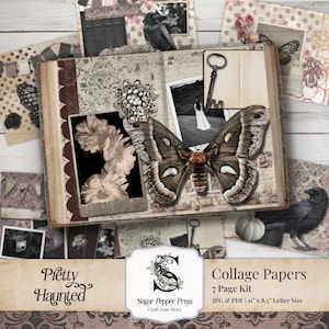 May include: A vintage-style collage paper kit with a central open book featuring a large moth, photos, and a decorative brooch. The kit includes various paper elements with floral and butterfly motifs, and the text "Pretty Haunted".