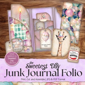 Kit de diario de cumpleaños, libro de recuerdos, tarjetas efímeras, etiqueta para álbum de recortes del primer año del bebé, bolsillo con animales de fiesta, descarga digital, SP060
