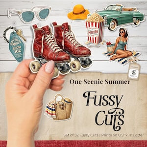 Könnte beinhalten: Eine Sammlung von Papierauschnitten im Vintage-Stil mit Sommerthema. Enthält rote Rollschuhe, ein grünes Cabrio, Popcorn, Sonnenbrillen, eine Frau im Badeanzug und einen Strohhut. Der Text "One Scenic Summer" und "Fussy Cuts" sind ebenfalls sichtbar.