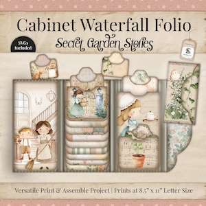May include: A digital art print titled "Cabinet Waterfall Folio Secret Garden Stories." The image features a collection of illustrated paper crafts with a vintage aesthetic. The design includes children, garden scenes, and floral elements. The prints are designed to be assembled.