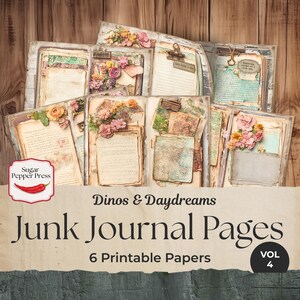 Pages de journal indésirable, volume 4, kit éphémère vintage floral shabby chic dinosaure, pages de scrapbooking imprimables, fournitures de bricolage pour enfants JJ004