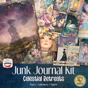 Celestial Moon Junk Journal Kit, grillige dromerige vintage ephemera, astronomie maansterren afdrukbaar, pagina's en achtergrond papier ambachten SP044