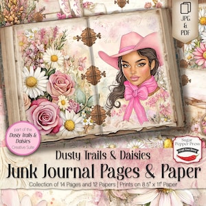 Western Coquette Junk Journal Seiten & Papiere, Staubige Spuren Gänseblümchen, rosa Blumen Digital Download Hintergrund, Handwerk Scrapbook Projekte SP051