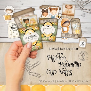 May include: A collection of paper cutouts with a bee theme. The set includes coffee cup-shaped notes, illustrations of children, and tags with phrases like "Blessed Bee Brew Bar" and "Trust the Keeper." The kit is designed to print on 8.5" x 11" paper.