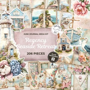 Regency Seaside Retreat Junk Journal Mega-Kit | Strandvuurtoren Vintage plakboekset Oceaancarrousel Paard Zee Nautical Storefront SP021