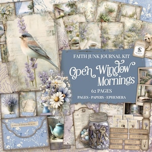 May include: A Faith Junk Journal Kit titled "Open Window Mornings" with 62 pages of papers and ephemera. The kit features a blue and lavender color scheme with floral and bird illustrations. Includes a jar with keys and a teapot.