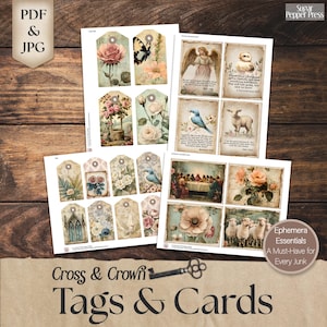 tags and cards - vintage church windows, statues, birds, chicks, lambs, floral