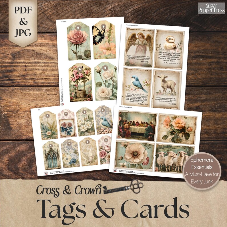 tags and cards - vintage church windows, statues, birds, chicks, lambs, floral