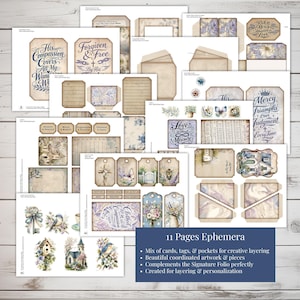 May include: A collection of 11 pages of ephemera with a vintage aesthetic. The set includes cards, tags, and pockets with floral, butterfly, and religious motifs. The color palette features soft blues, purples, and creams, with handwritten script and decorative elements.