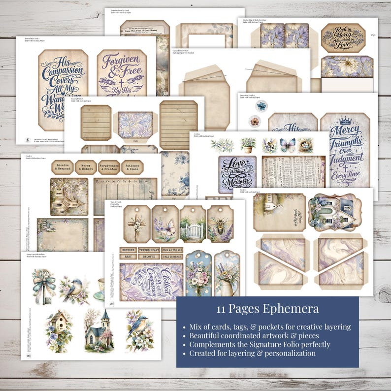 May include: A collection of 11 pages of ephemera with a vintage aesthetic. The set includes cards, tags, and pockets with floral, butterfly, and religious motifs. The color palette features soft blues, purples, and creams, with handwritten script and decorative elements.