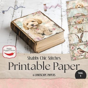 Couture de fond papier numérique Shabby Chic Stitches Vol 1 | Impressions florales animalières vintage pour travaux manuels de brocante et scrapbooking SP043