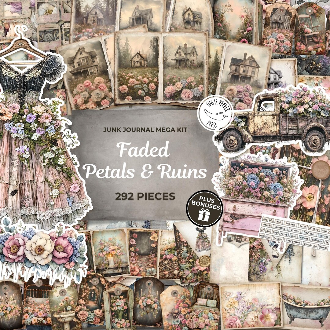 Faded Petals Junk Journal Kit | Shabby Chic Floral Ephemera (digital ...