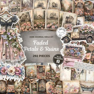 Mega-zestaw dziennika śmieci opuszczonych domów | Wyblakłe płatki i ruiny Cyfrowy natychmiastowy styl vintage shabby chic kwiatowy zniszczony gotyk SP022
