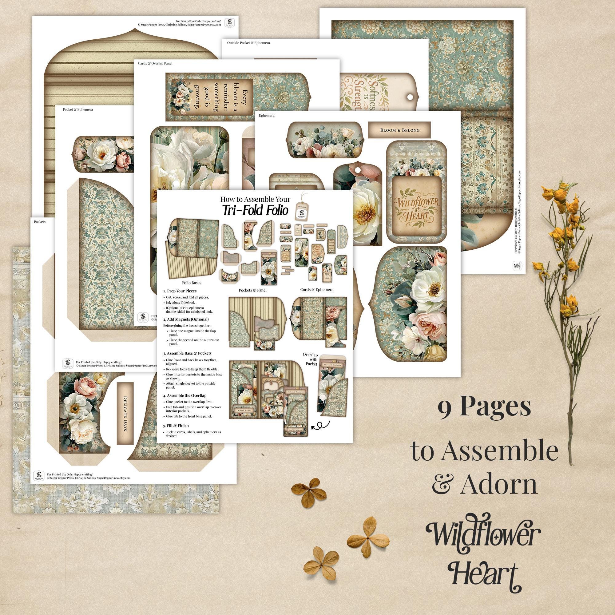 印刷可能な花柄ヴィンテージフォリオ、ワイルドフラワージャンク