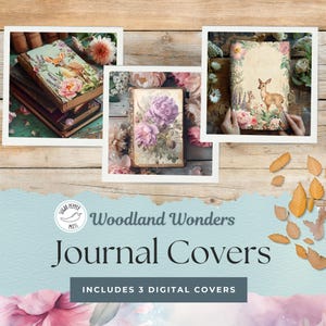Woodland Junk Journal Abdeckungen | 3 Charmant, Rustikal, Elegant Lila, Blau | Von der Natur inspirierte, druckbare Waldabdeckungen | Pfingstrosen, Rehe | SP001