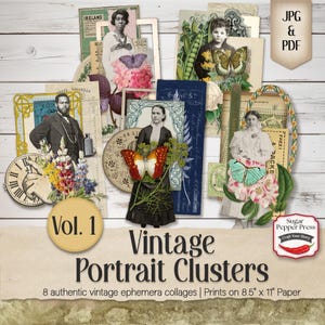 Vintage Portrait Collage Clusters | Encontrado Ephemera JPG, PDF e PNGs, para Scrapbooks, Junk Journals, Cartões e Artesanato, Herbal Supply SP049