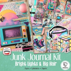 Kit de carnet de notes Bright Lights & Big Hair | Éphémères de journaux rétro imprimables des années 80, pages, pochettes, coupes délicates, papiers de fond Tech SP045